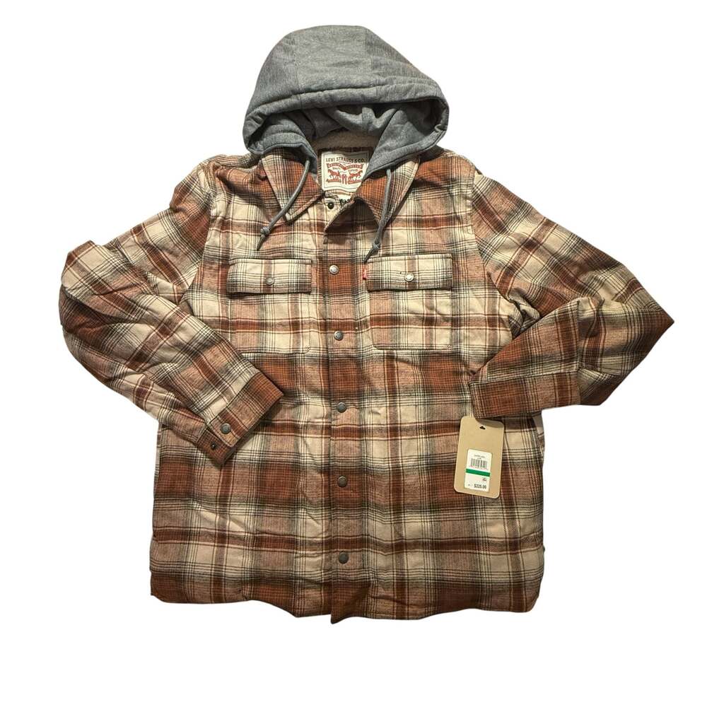 Levi's Men's Brown Ombre Plaid Sherpa-Lined Flannel Lrg Jacket with Jersey Hood